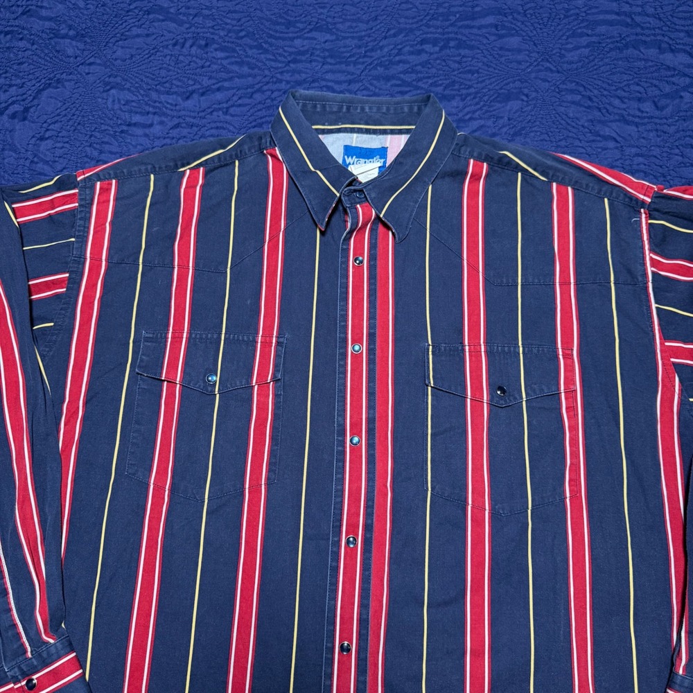 Wrangler Western Shirt Mens XXL Blue Red Yellow Striped Blue Pearl Snap